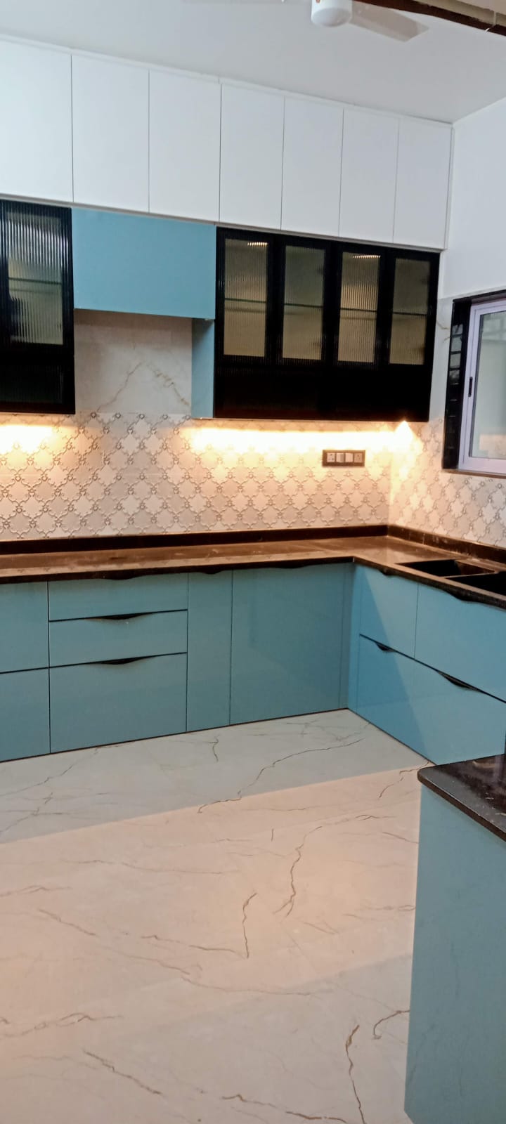 Luxury Slate Blue Acrylic Modular Kitchen with Overhead Lofts & Soft-Close Drawers - Execution #